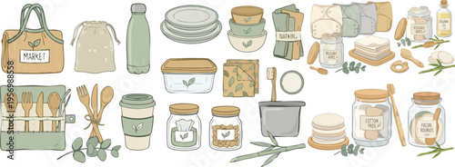 Web Eco-Friendly Reusable Items Mega Collection, Zero Waste Lifestyle Vector Bundle with Sustainable Kitchen, Beauty, and Travel Essentials