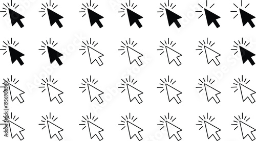 Mouse Click Cursor Icon Set with Arrow Pointer and Clicking Effect Symbols for User Interface Design, Web Navigation, Digital Interaction, and UX Elements