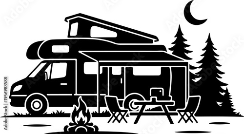 Vector illustration of camper van with campsite at night