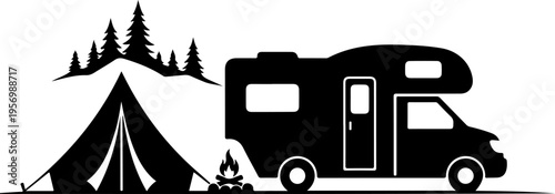 Black silhouette camper van and tent vector icon