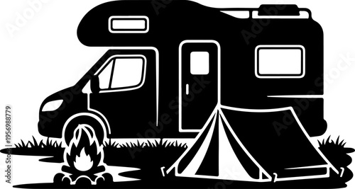 Vector illustration of camper van and tent for camping