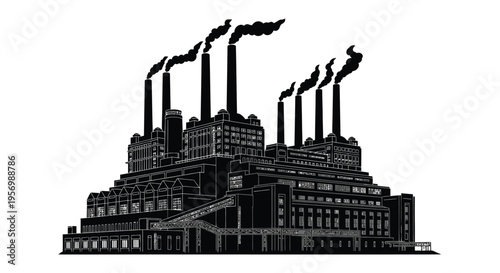 Industrial complex with multiple smokestacks against a white background silhouette