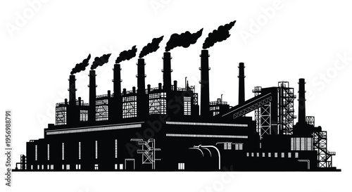 Industrial complex with multiple smokestacks emitting pollution a striking silhouette
