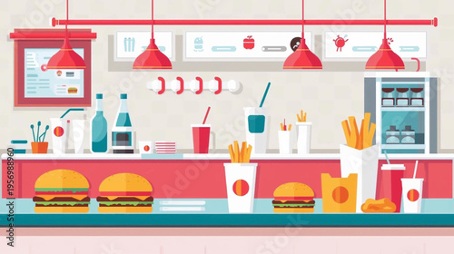 A vibrant, flat-design illustration of a fast-food restaurant counter with burgers, fries, and drinks under red lamps, showcasing various menu items.
