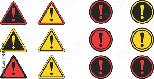 Warning and Alert Icon Set with Exclamation Mark Symbols in Triangle and Circle Shapes for Safety, Danger, Hazard Signs, and Risk Notification Design