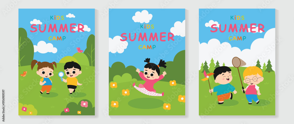 Obraz premium Kids summer camp vector poster set with children playing outdoors, magnifier, butterfly net, and fun nature activity scenes. Cute colorful kids camp flyer collection for adventure and holiday program.