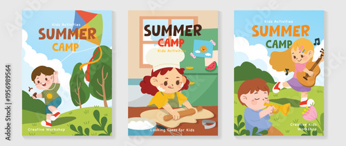Kids summer camp vector poster set with kite flying, cooking class, and music activity themes. Colorful children workshop collection for creative kids activities, outdoor fun, and summer camp event.