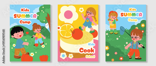 Kids summer camp and cook school vector poster set with outdoor activities, music and dance, sports and games, arts and craft, and creative cooking class. Cute colorful children flyer collection.