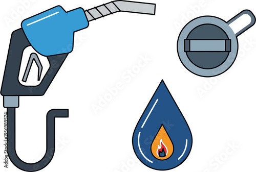 A graphic illustration of a fuel pump nozzle, a gas cap, and a burning fuel droplet, representing energy and transportation.