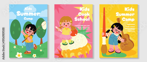 Kids summer camp and cook school vector poster set with outdoor activity, creative cooking class, music and dance program, sports and games. Colorful children workshop flyer collection.