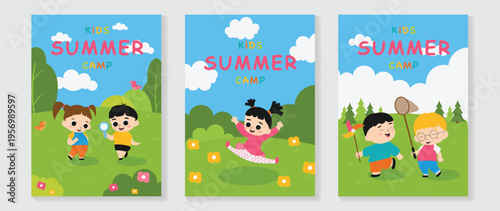 Kids summer camp vector poster set with children playing outdoors, magnifier, butterfly net, and fun nature activity scenes. Cute colorful kids camp flyer collection for adventure and holiday program.