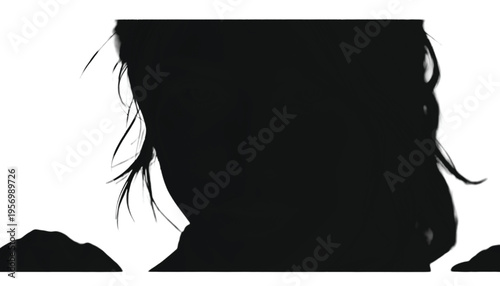 Close up profile silhouette showing messy hair strands against a bright white void.