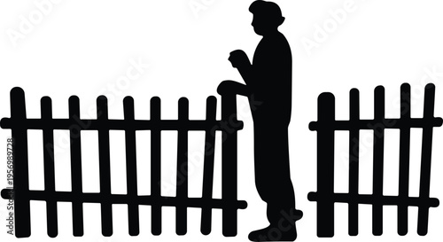 Boy standing by wooden fence silhouette isolated on white background representing childhood, outdoor life, rural environment and simple lifestyle concept