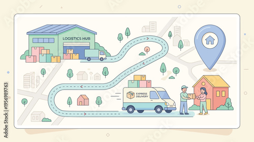 Logistics Hub Delivery Service Vector Illustration: Warehouse to Home Shipping Route Map