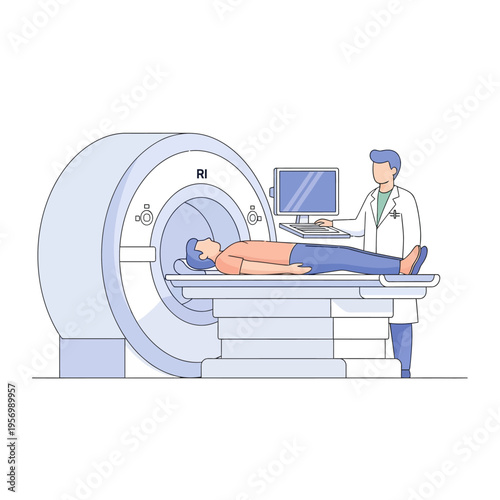 Patient undergoing MRI scan with doctor operating machine, medical technology