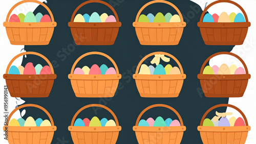 Find Two Identical Easter Baskets Worksheet for Kids, Printable Matching Game with Colorful Eggs, Preschool Activity Sheet