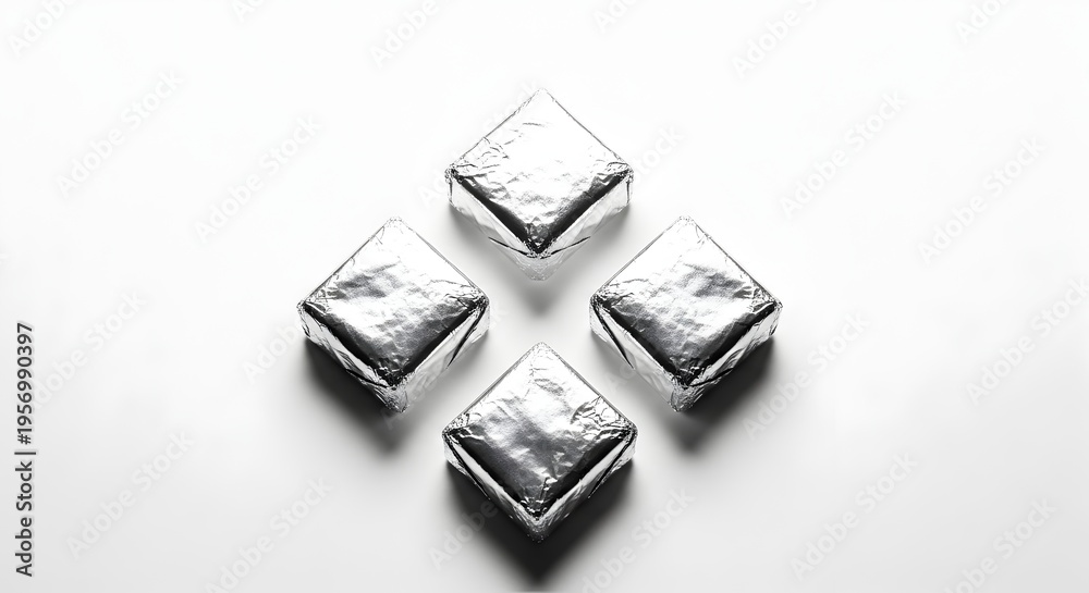Fototapeta premium Minimalist Arrangement of Metallic Cubes on a White Surface, Abstract Geometry, Reflective Surfaces, Conceptual Still Life, Isolated Studio Shot