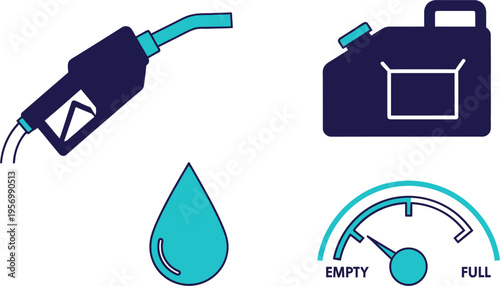 Icons representing fuel, energy, and automotive concepts including a pump, jerry can, liquid drop, and a fuel gauge.