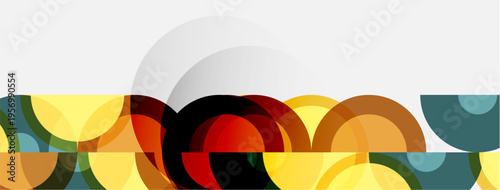 Abstract composition featuring overlapping circles, warm colors dominate bottom section, cool tones accent. White space above creates balance.