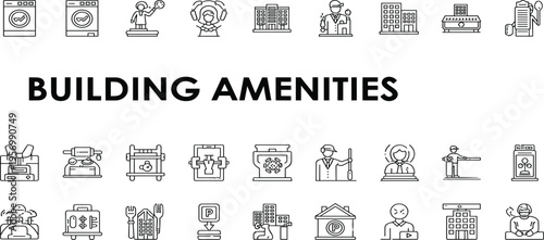 Various building amenities illustrated in a graphic style on a white background
