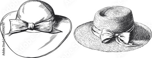 Hand Drawn Summer Straw Hat set, Vintage Sun Hats with Bows, Rustic Beach Fashion Accessories Sketch