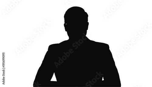Silhouette of a seated male professional wearing a blazer with hands resting on an unseen surface below.