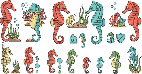 Seahorse Vector Set Featuring Colorful Marine Creatures with Ocean Elements Including Coral Seaweed Bubbles and Water Icons in Flat Cartoon Style for Wildlife Aquarium and Nature Designs