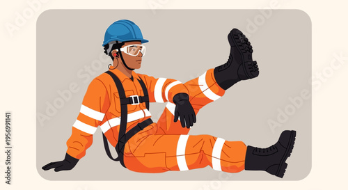 A worker in an orange jumpsuit sits on the ground with one leg raised.