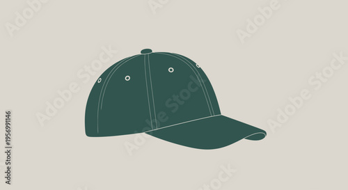 An illustration of a dark green baseball cap with white stitching on a beige background