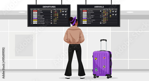 The traveler checks flight schedules with their luggage at the airport.