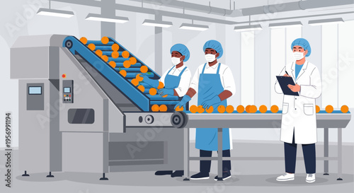 Three workers inspect oranges on a factory conveyor belt line