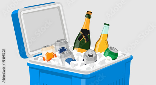 A cooler filled with assorted drinks and ice on a summer day outdoors