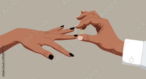 Two hands are exchanging a ring in a symbolic gesture of partnership