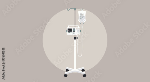 Medical device on a stand with screen and IV pole attached