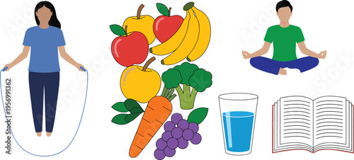 Healthy lifestyle concept exercise nutrition meditation hydration reading daily routine wellness fitness balance illustration isolated icons collection design