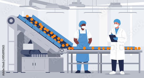 Two workers inspect products on a conveyor belt in a factory setting.