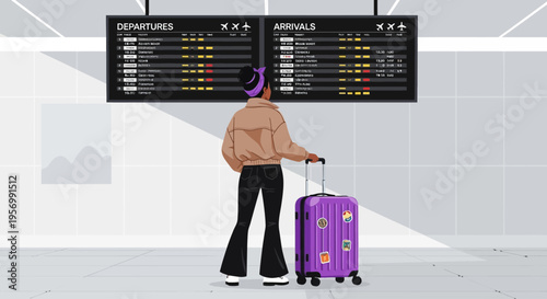 A woman with a purple suitcase checks the departures board at an airport terminal.