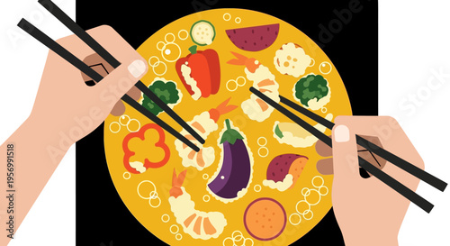 Top view of hands using chopsticks to pick up crispy shrimp and vegetable tempura in a deep fryer, flat vector illustration of Japanese cuisine.