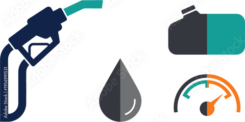 Icons representing fuel, energy, and vehicle performance, including a gas pump, oil drop, fuel tank, and a dashboard gauge.