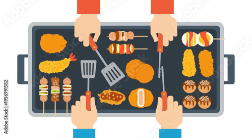 Top-down View of People Cooking Japanese Street Food on Electric Teppanyaki Grill Plate Illustration