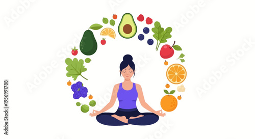 Illustration of a serene woman in a yoga pose surrounded by a vibrant circle of fruits and vegetables on a clean white background.