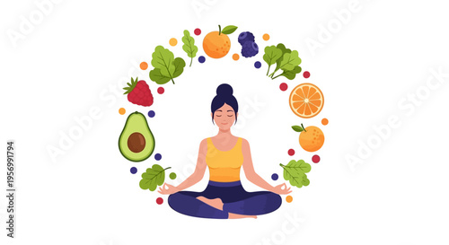 Illustration of a serene woman practicing yoga surrounded by fruits and vegetables in a colorful, circular composition.