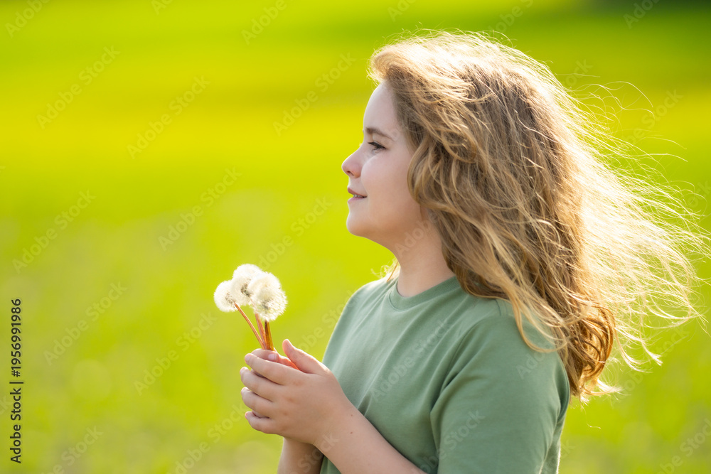 Obraz premium Kid blowing dandelion. Dreamy emotional mood. Kid blowing dandelion. Summer park outdoors. Kid blowing dandelion. Meadow field green. Kid blowing dandelion.