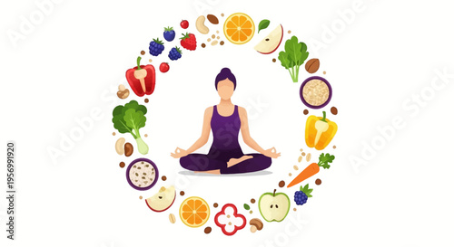 Illustration of a yoga character surrounded by colorful fruits and vegetables in a circular composition, promoting a healthy lifestyle concept with nutritious food elements.