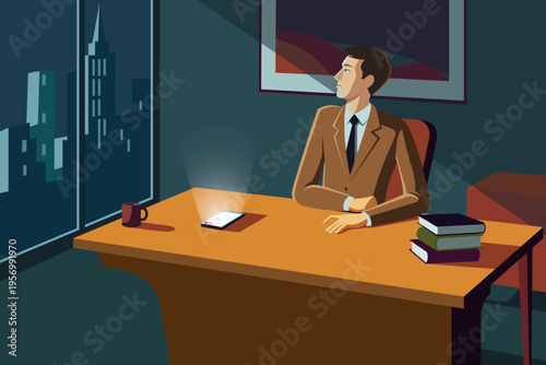 Businessman ignoring smartphone notifications at work, digital fatigue concept, flat vector illustration