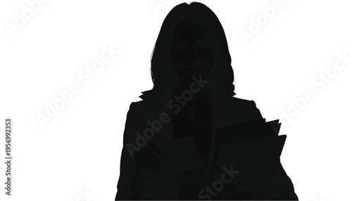 Dark silhouette of a businesswoman holding documents stands ready for a serious meeting on a white.