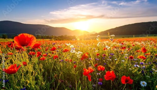Vibrant Poppy Field at Sunrise with Rolling Hills.