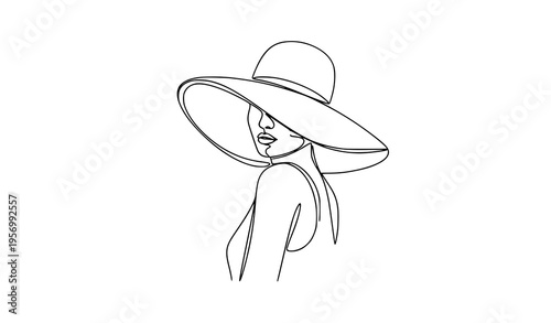 Continuous line drawing woman in stylish hat modern abstract minimal portrait vector aesthetic line art isolated on white