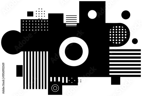 Abstract geometric composition of black shapes and patterns against a white background symbolizing creativity ideas and modern design elements for inspiration boards and visual