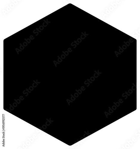 Abstract geometric hexagon shape rendered in a solid black isometric 3d projection with clean lines and a minimalist aesthetic perfect for digital design and branding elements